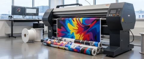 Large digital printing machine with colorful output in a modern office setting